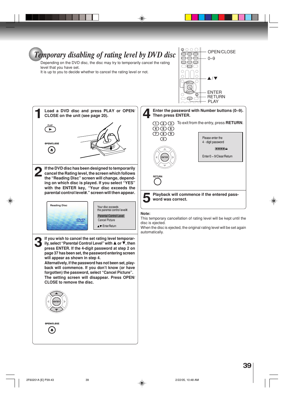 Temporary disabling of rating level by dvd disc | Toshiba SD-5980SU User Manual | Page 39 / 48