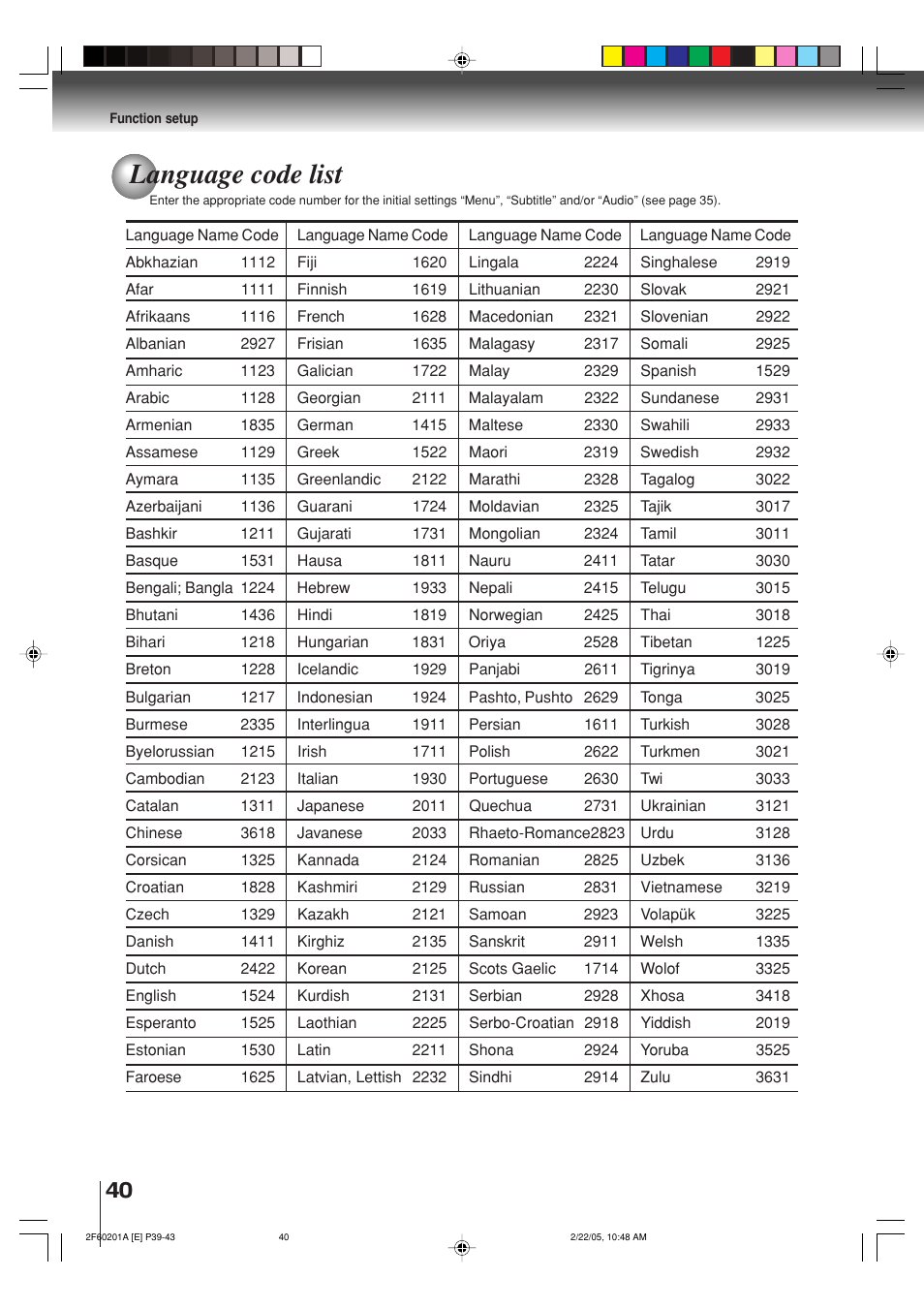 Language code list | Toshiba SD-5980SU User Manual | Page 40 / 48