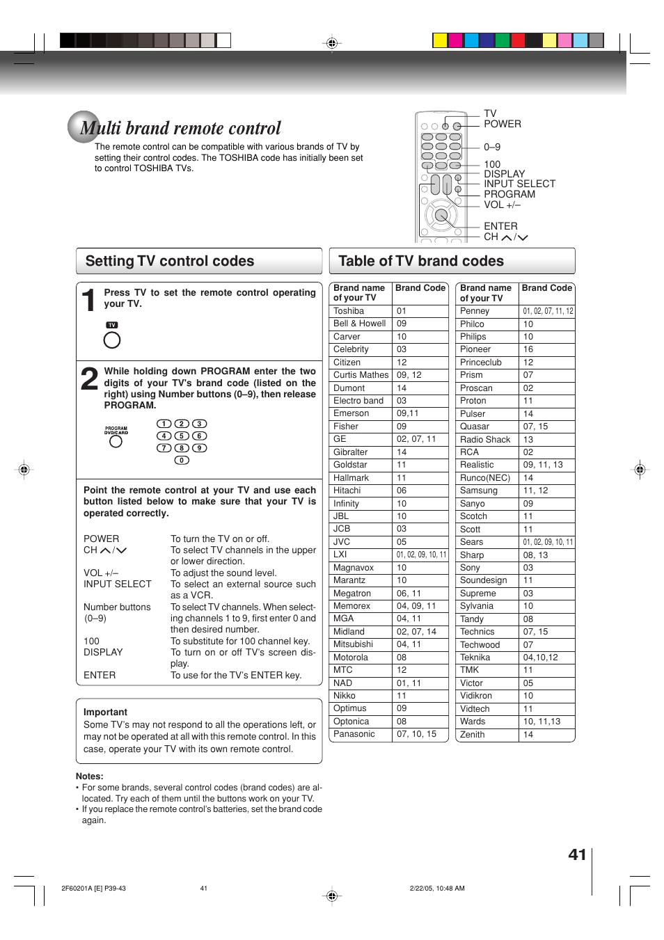 Multi brand remote control, Setting tv control codes, Table of tv brand codes | Toshiba SD-5980SU User Manual | Page 41 / 48