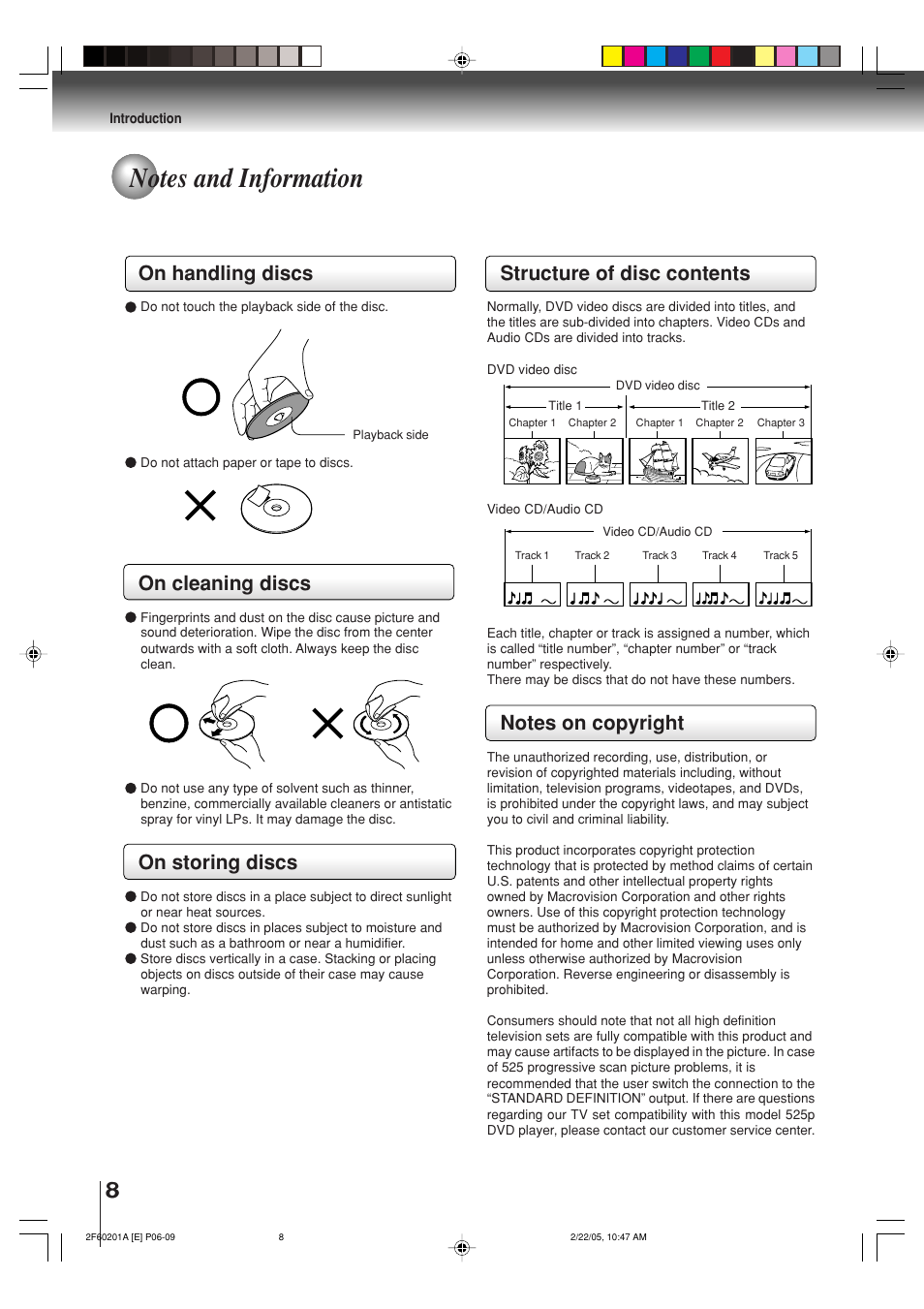 On handling discs, On cleaning discs, On storing discs | Structure of disc contents | Toshiba SD-5980SU User Manual | Page 8 / 48