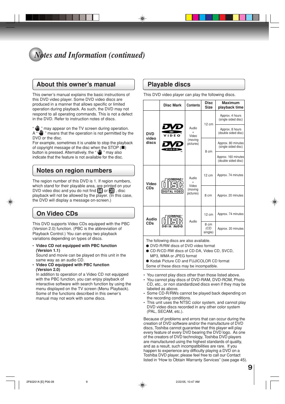 About this owner’s manual, On video cds, Playable discs | Toshiba SD-5980SU User Manual | Page 9 / 48