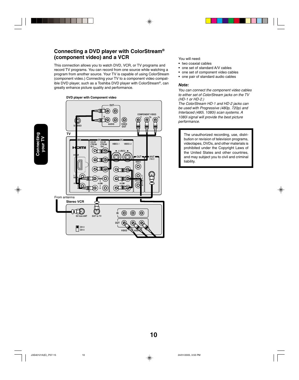 Connecting a dvd player with colorstream, Component video) and a vcr, Connecting your tv | Toshiba 30HF85 User Manual | Page 10 / 44