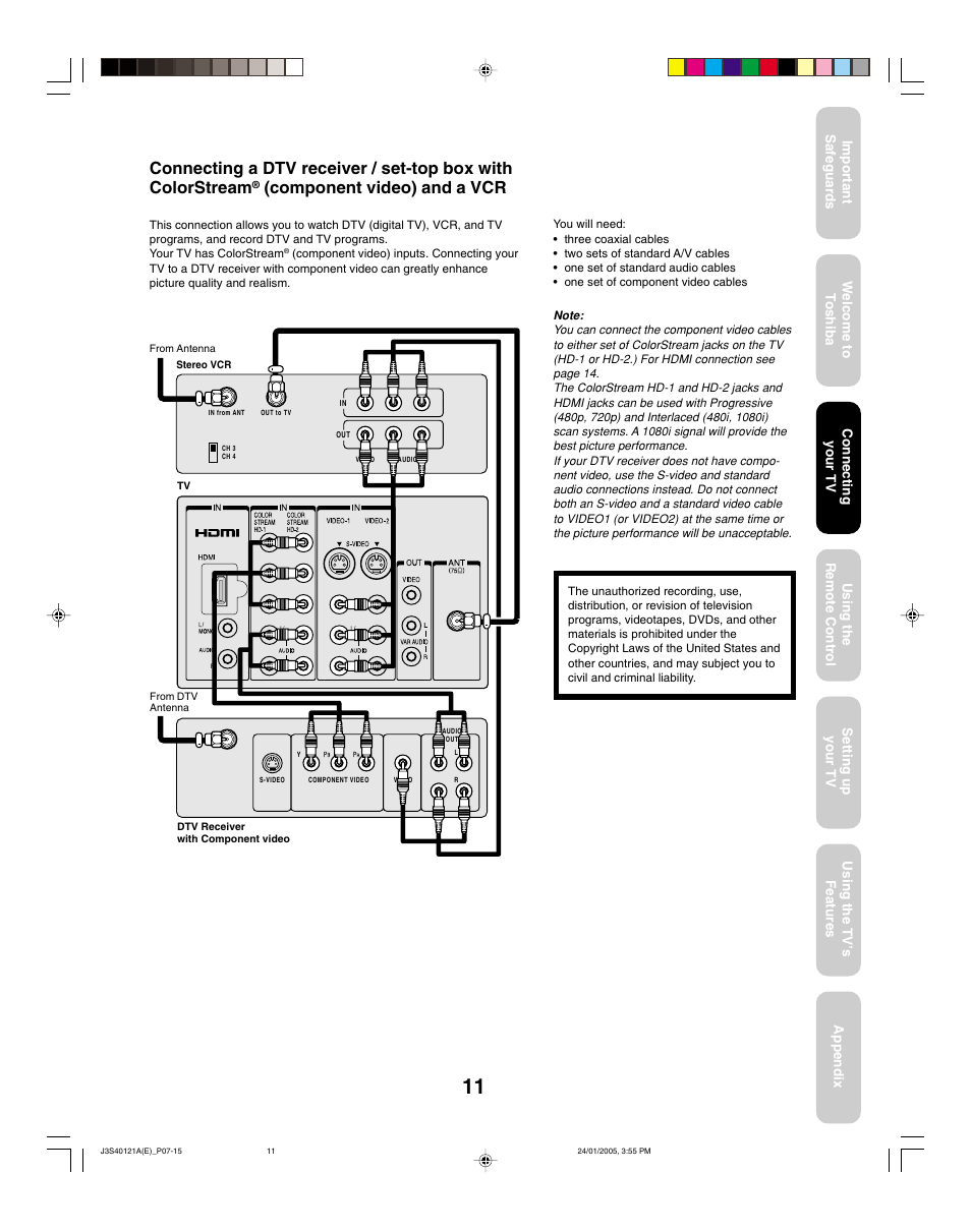 Component video) and a vcr | Toshiba 30HF85 User Manual | Page 11 / 44