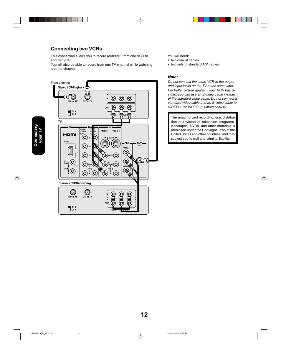 Connecting two vcrs, Connecting your tv | Toshiba 30HF85 User Manual | Page 12 / 44