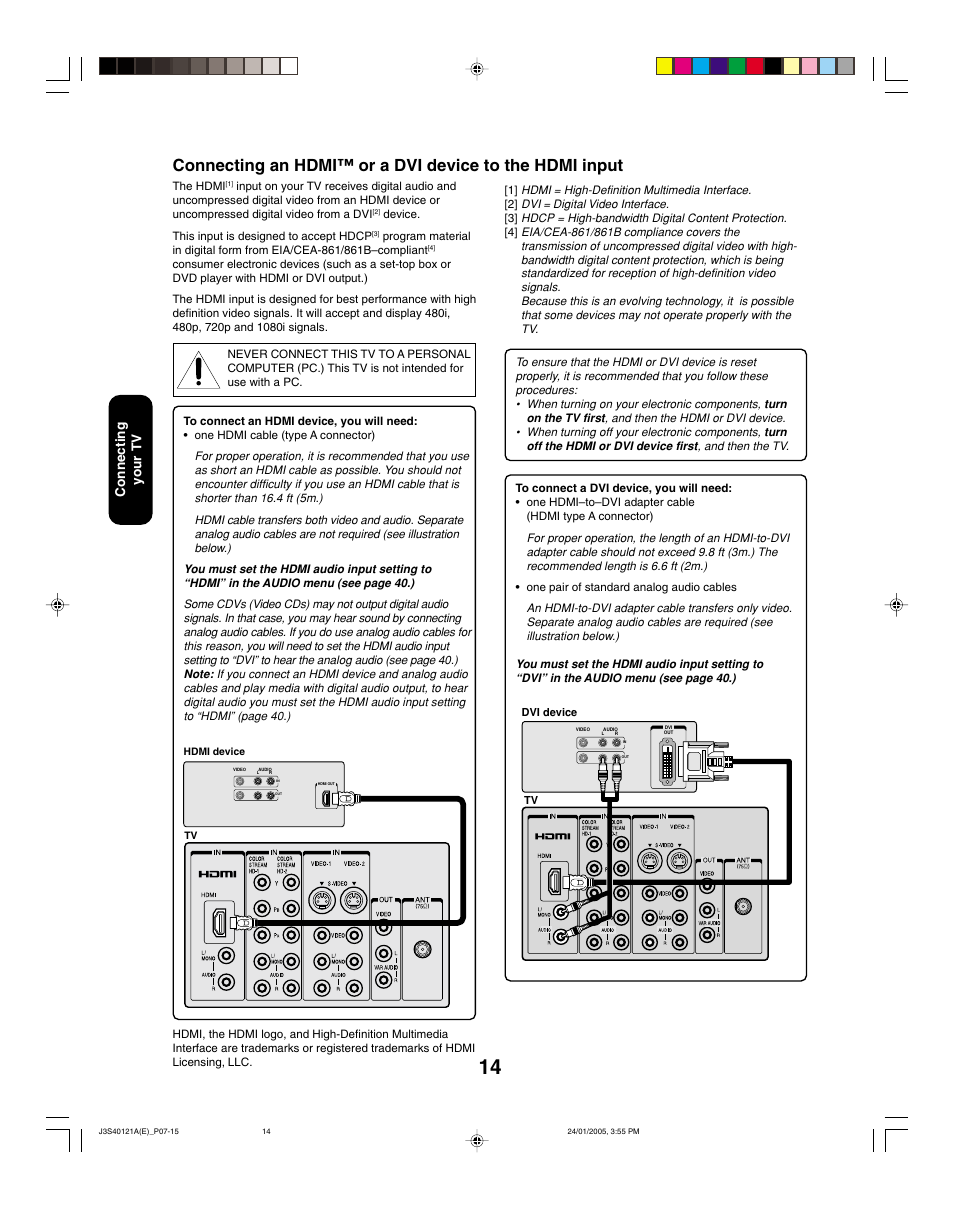 Connecting your tv | Toshiba 30HF85 User Manual | Page 14 / 44