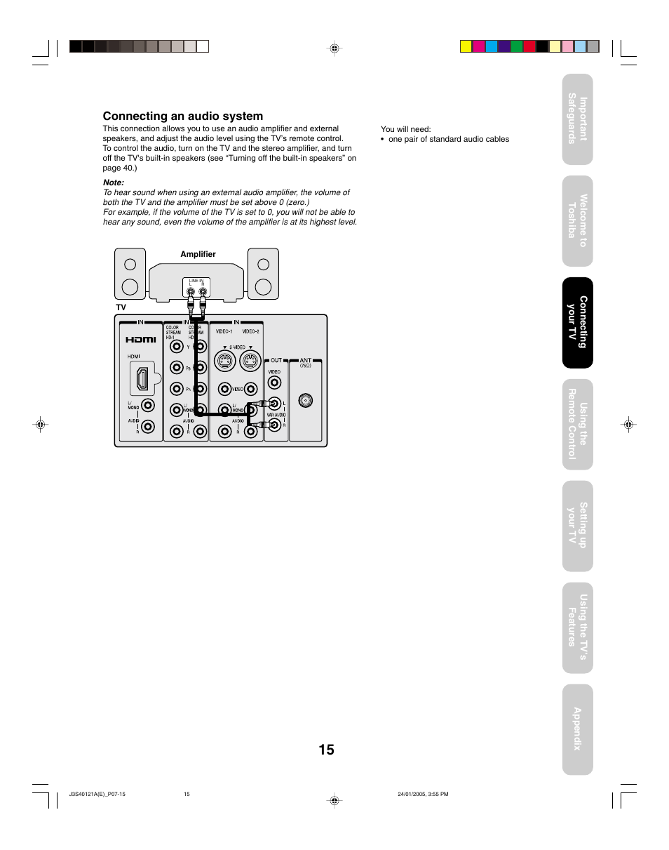 Connecting an audio system | Toshiba 30HF85 User Manual | Page 15 / 44