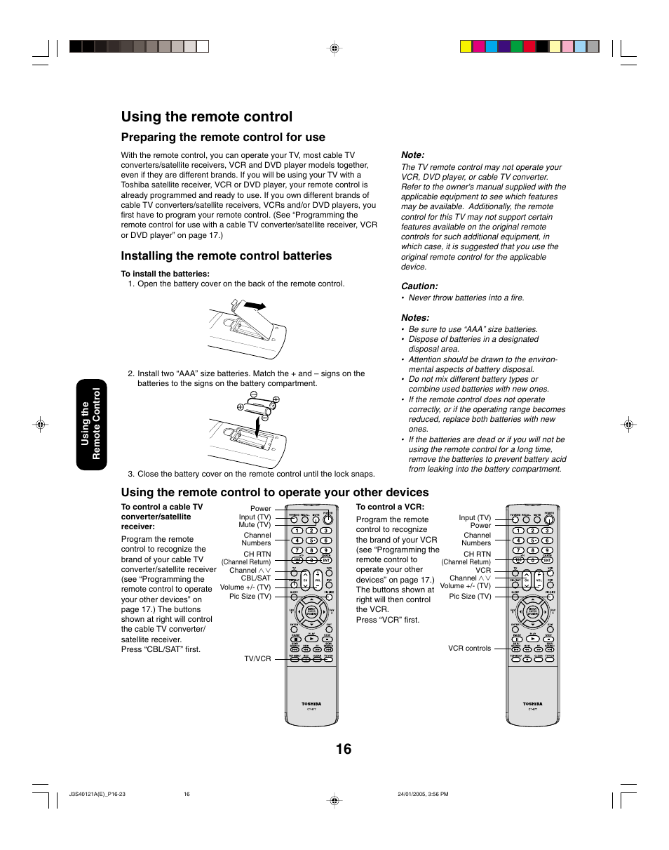 16 using the remote control, Preparing the remote control for use, Installing the remote control batteries | Toshiba 30HF85 User Manual | Page 16 / 44