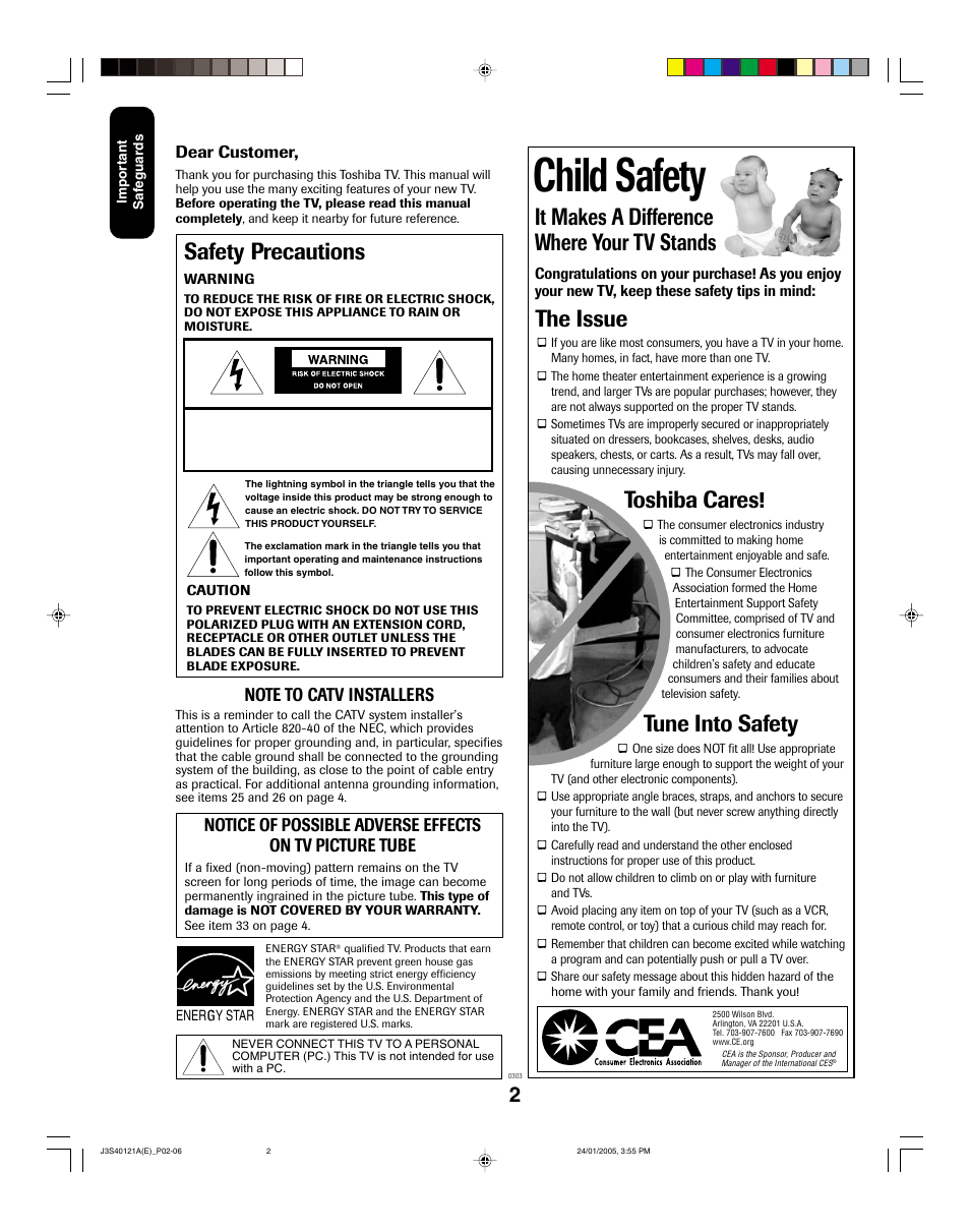 Child safety, It makes a difference where your tv stands, The issue | Toshiba cares, Tune into safety, Safety precautions | Toshiba 30HF85 User Manual | Page 2 / 44