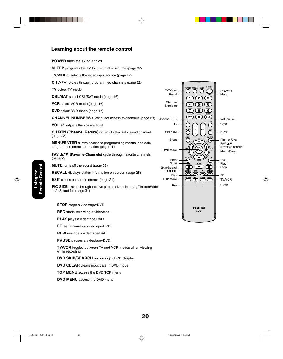 Learning about the remote control | Toshiba 30HF85 User Manual | Page 20 / 44