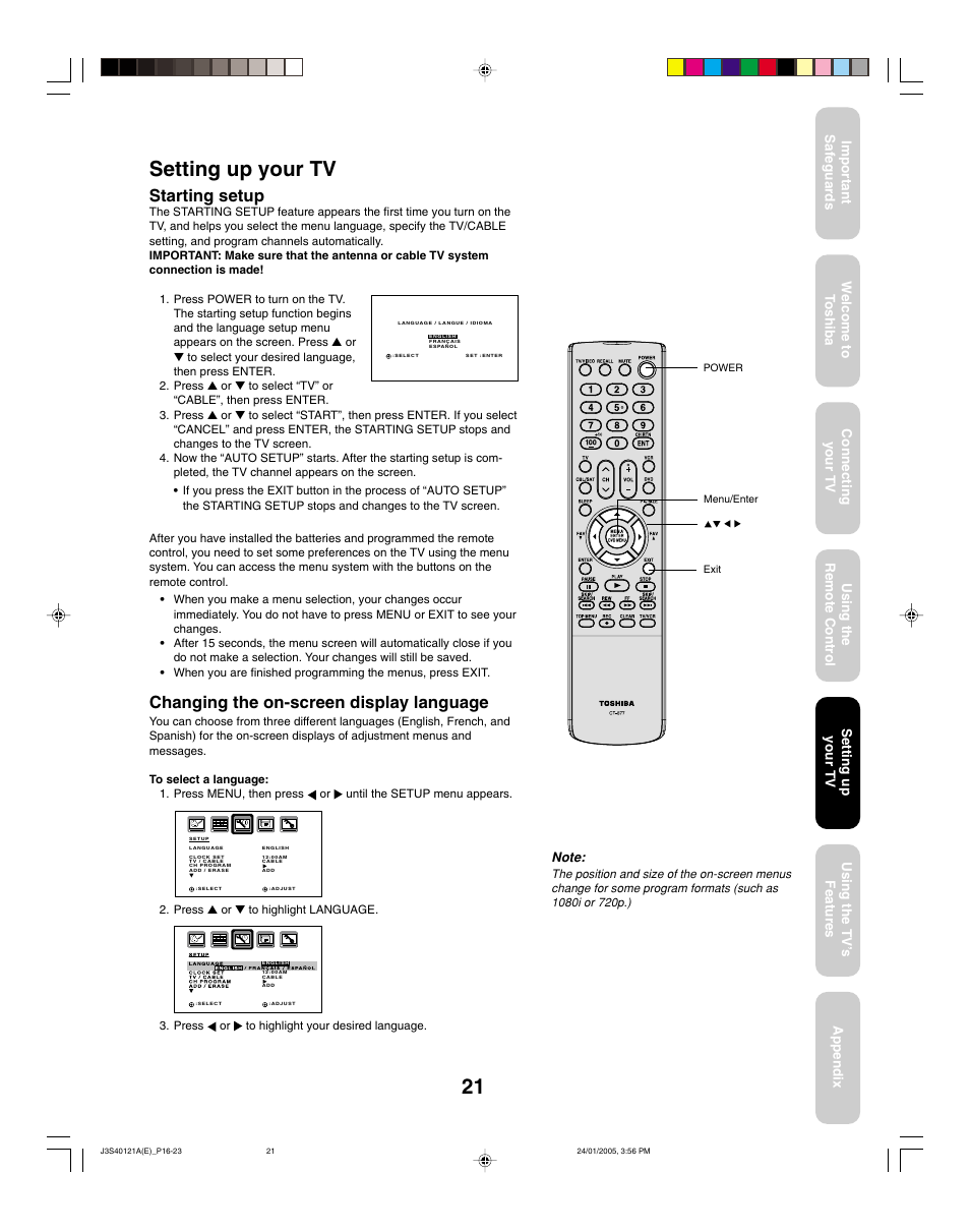 Setting up your tv, Starting setup, Changing the on-screen display language | Toshiba 30HF85 User Manual | Page 21 / 44
