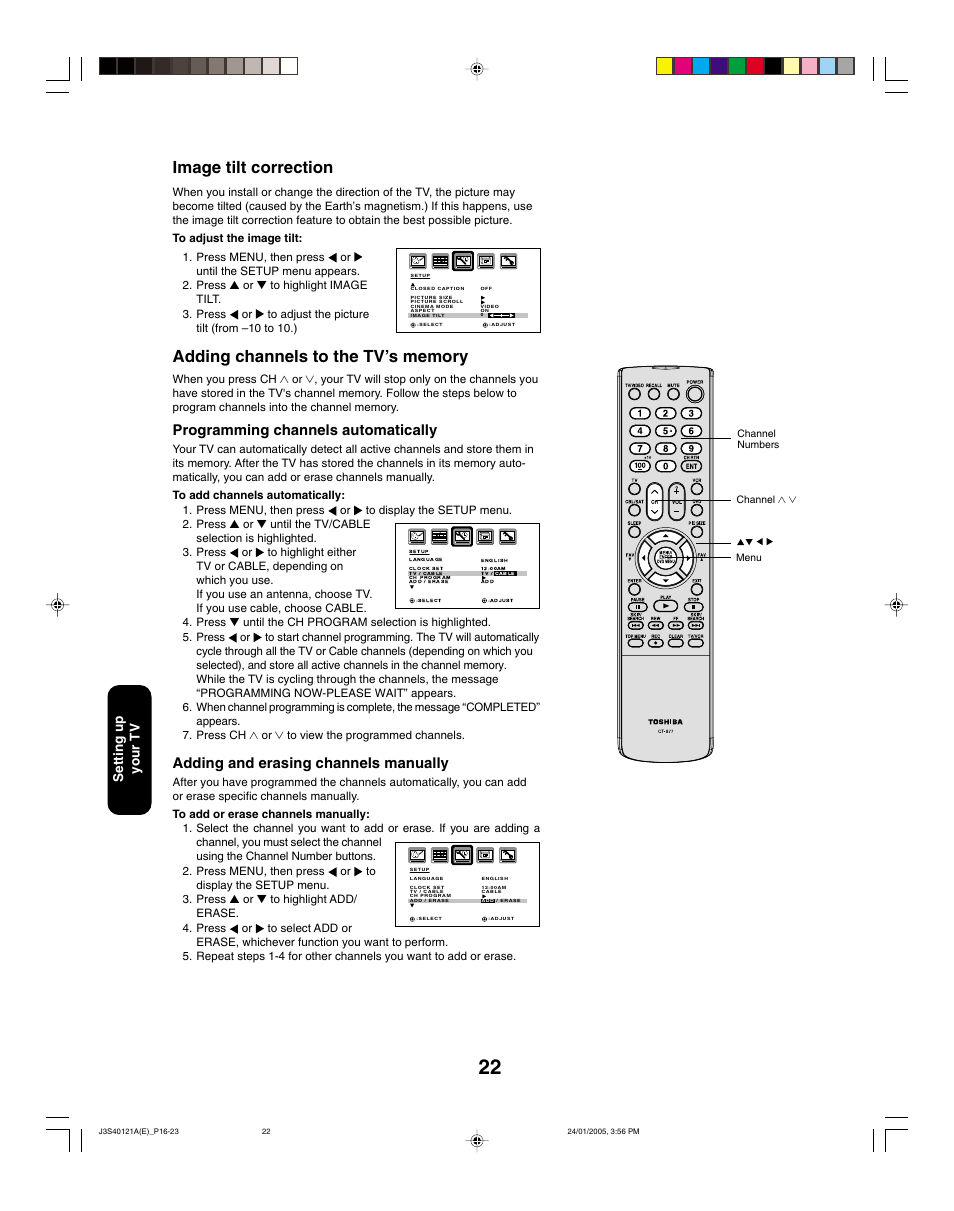 Image tilt correction, Programming channels automatically, Adding and erasing channels manually | Setting up your tv | Toshiba 30HF85 User Manual | Page 22 / 44