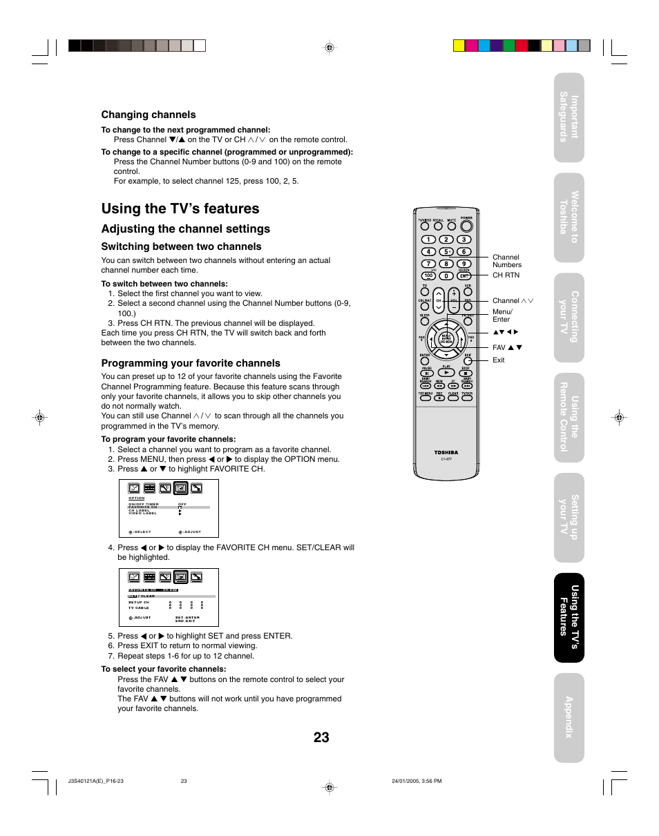 Using the tv’s features, Adjusting the channel settings, Changing channels | Switching between two channels, Programming your favorite channels, Using the tv ’s features | Toshiba 30HF85 User Manual | Page 23 / 44