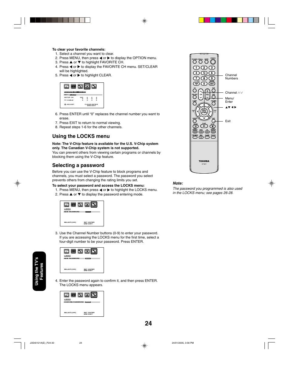 Using the locks menu, Selecting a password | Toshiba 30HF85 User Manual | Page 24 / 44