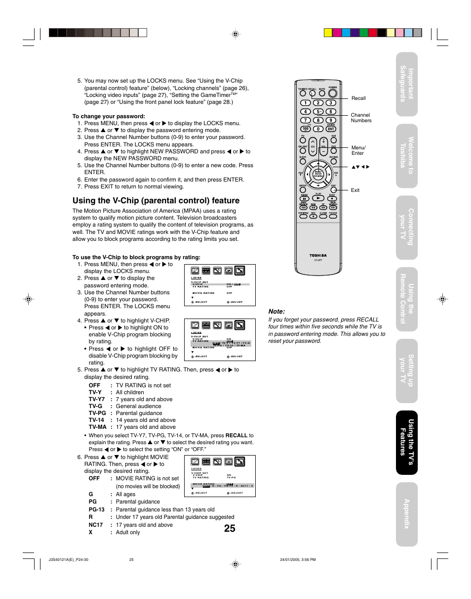Using the v-chip (parental control) feature, Using the tv ’s features | Toshiba 30HF85 User Manual | Page 25 / 44