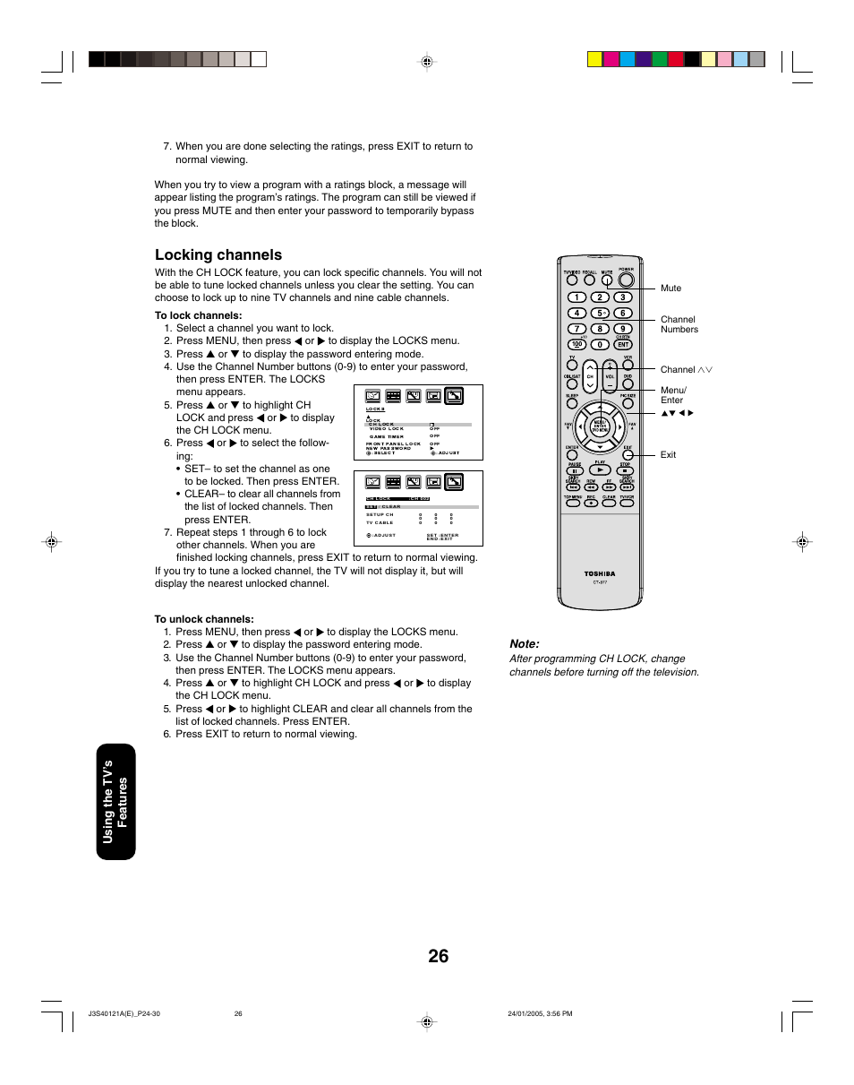 Locking channels, Using the tv ’s features | Toshiba 30HF85 User Manual | Page 26 / 44