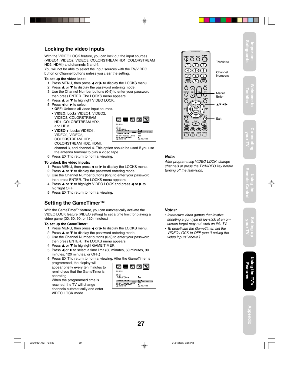 Locking the video inputs, Setting the gametimer, Using the tv ’s features | Toshiba 30HF85 User Manual | Page 27 / 44