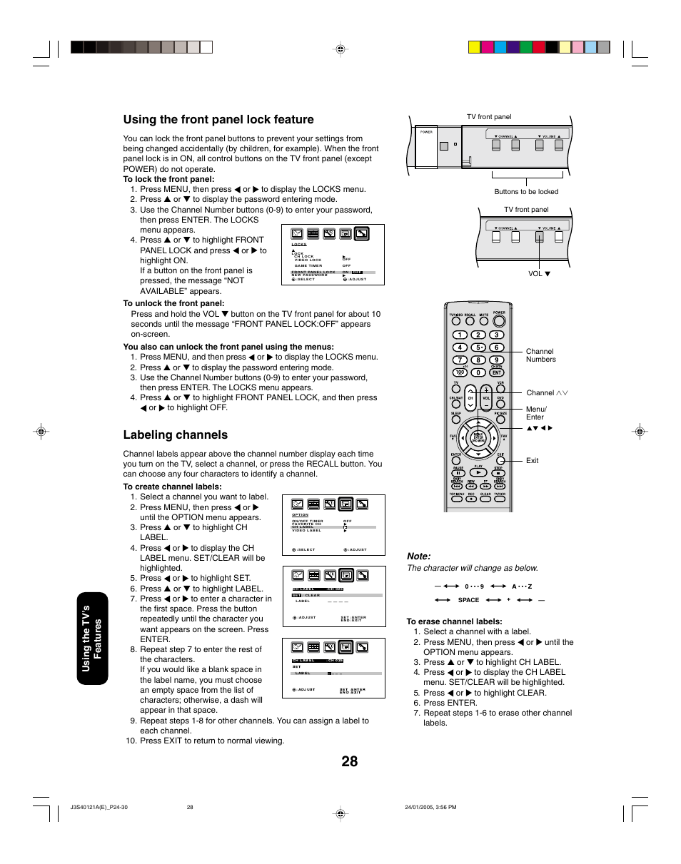 Using the front panel lock feature, Labeling channels, Using the tv ’s features | Toshiba 30HF85 User Manual | Page 28 / 44