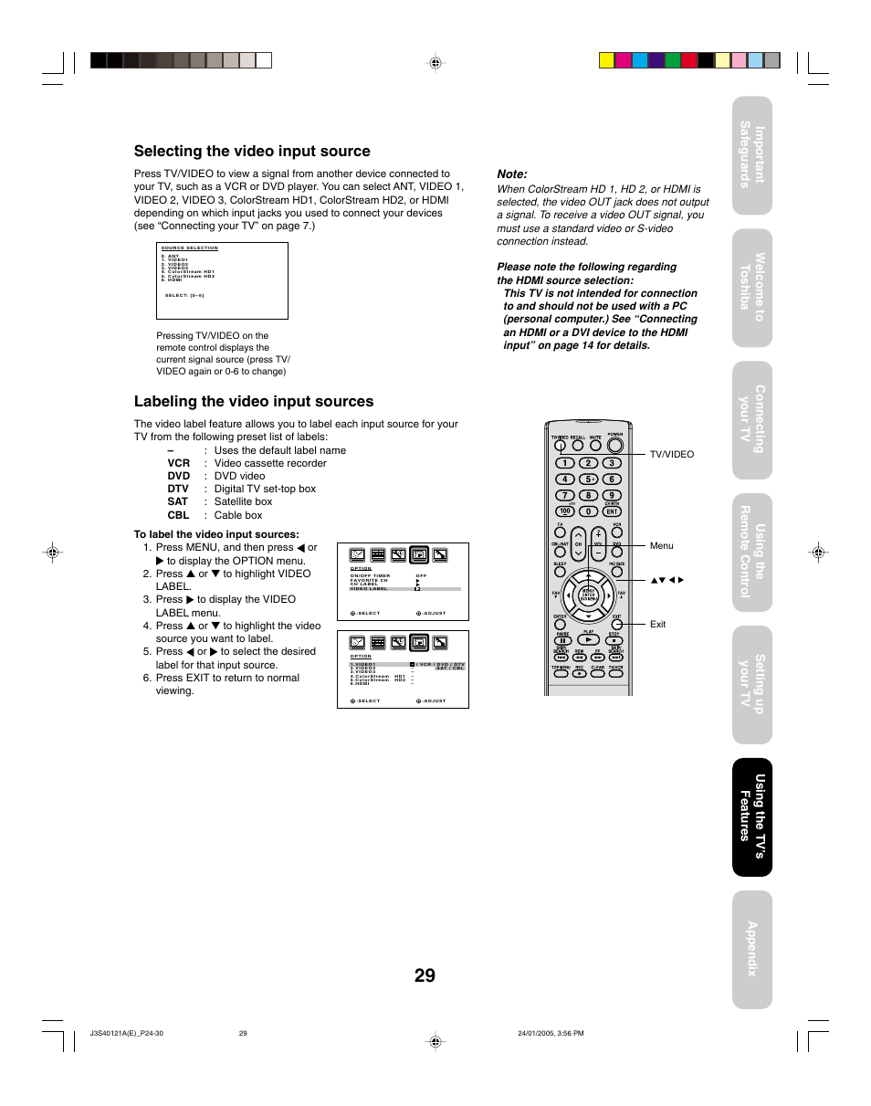 Selecting the video input source, Labeling the video input sources | Toshiba 30HF85 User Manual | Page 29 / 44