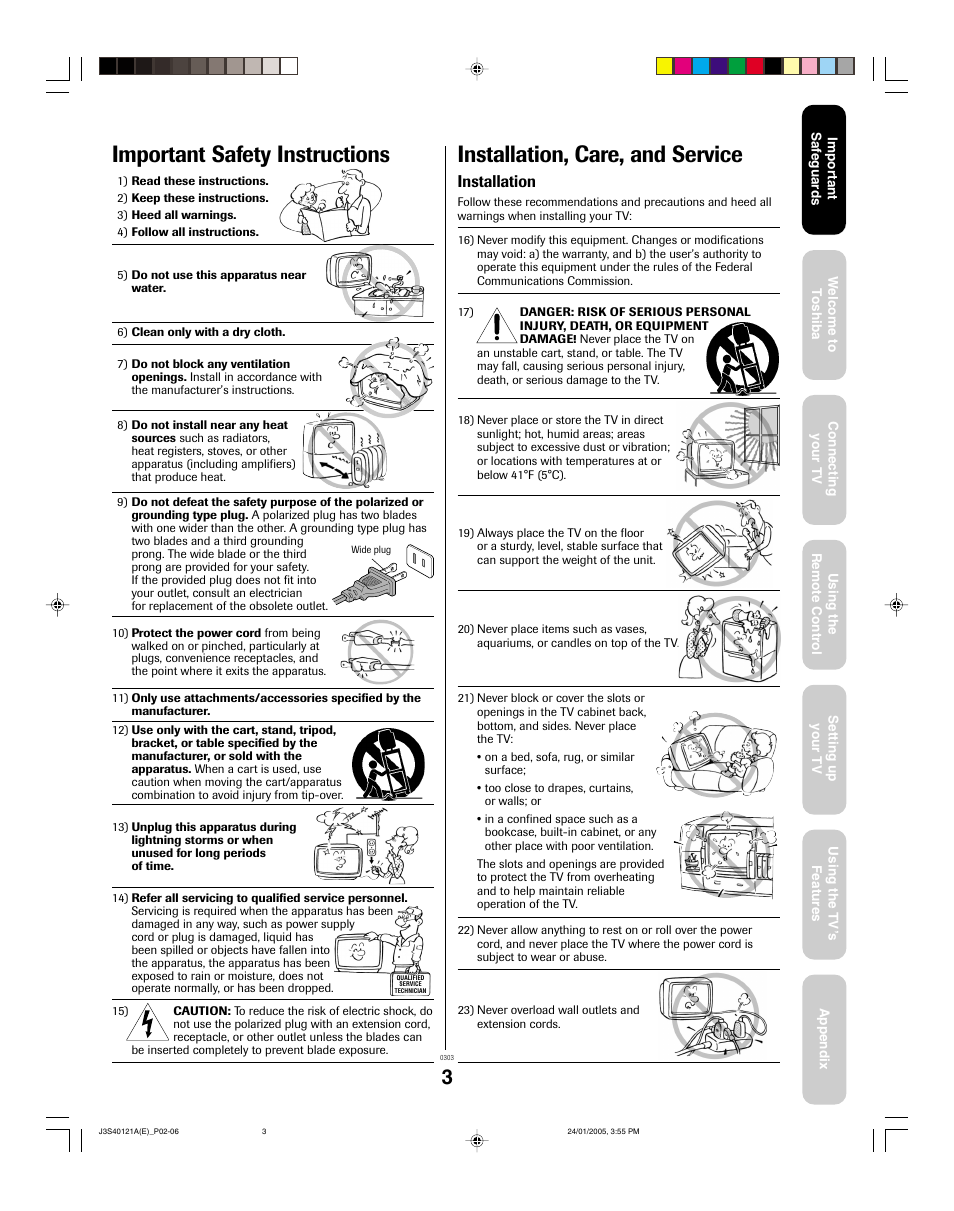 Installation, care, and service, Important safety instructions, Installation | Toshiba 30HF85 User Manual | Page 3 / 44