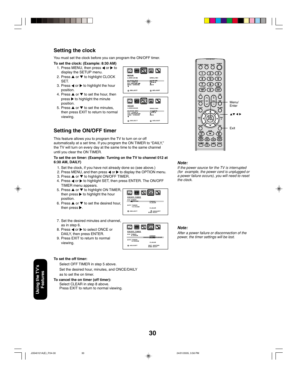 Setting the clock, Setting the on/off timer, Using the tv ’s features | Toshiba 30HF85 User Manual | Page 30 / 44