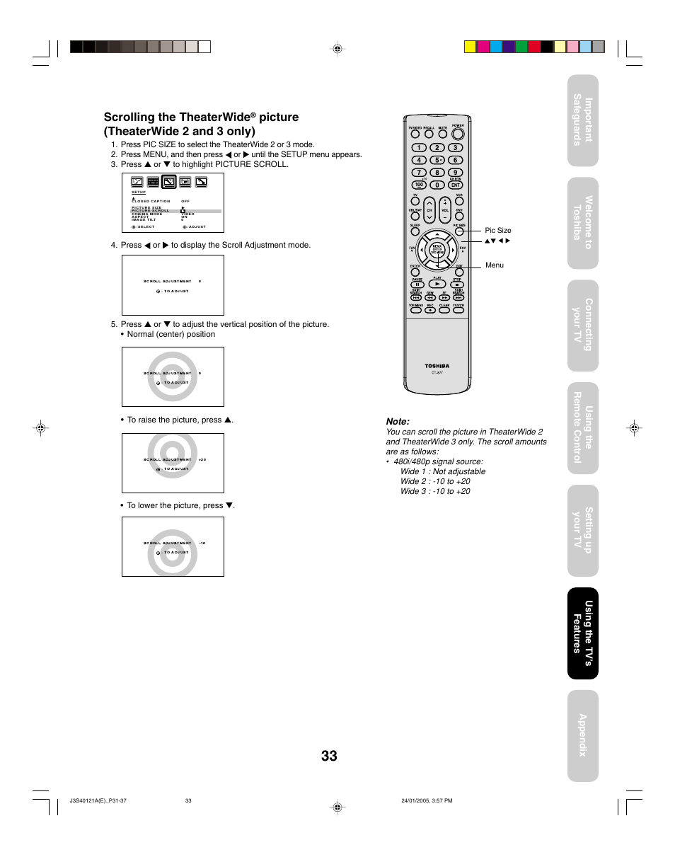 Scrolling the theaterwide, Picture (theaterwide 2 and 3 only) | Toshiba 30HF85 User Manual | Page 33 / 44