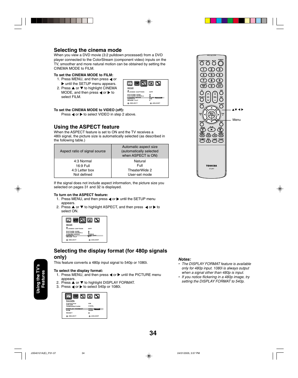 Selecting the cinema mode, Using the aspect feature, Using the tv ’s features | Toshiba 30HF85 User Manual | Page 34 / 44