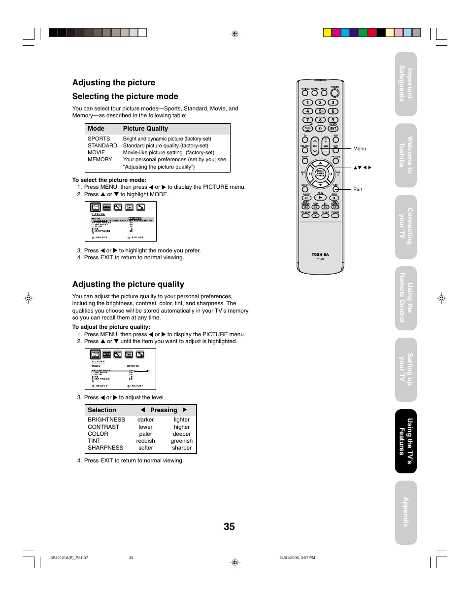 Adjusting the picture quality, Adjusting the picture selecting the picture mode, Using the tv ’s features | Toshiba 30HF85 User Manual | Page 35 / 44