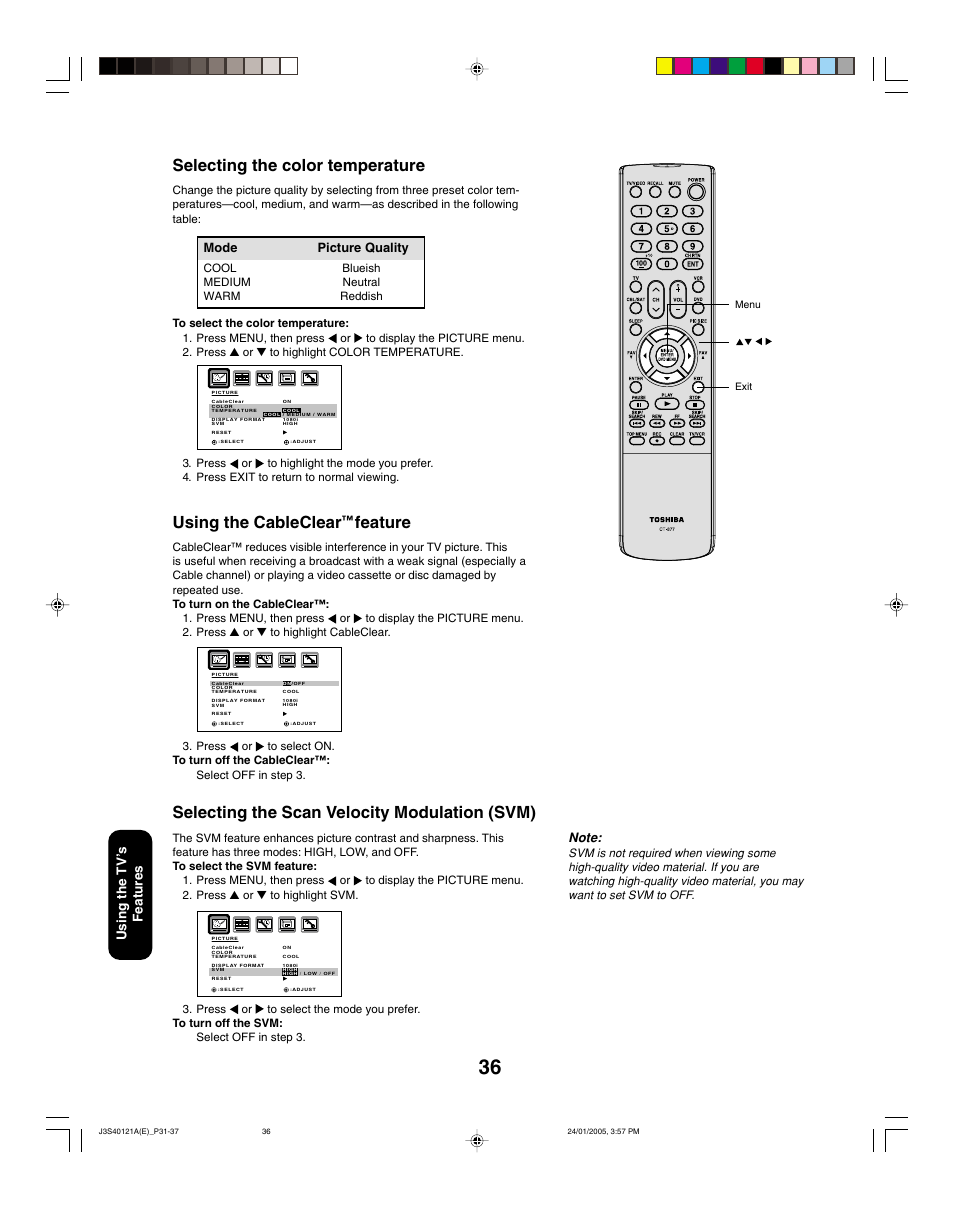 Selecting the color temperature, Using the cableclear, Feature | Selecting the scan velocity modulation (svm), Using the tv ’s features, Mode picture quality | Toshiba 30HF85 User Manual | Page 36 / 44