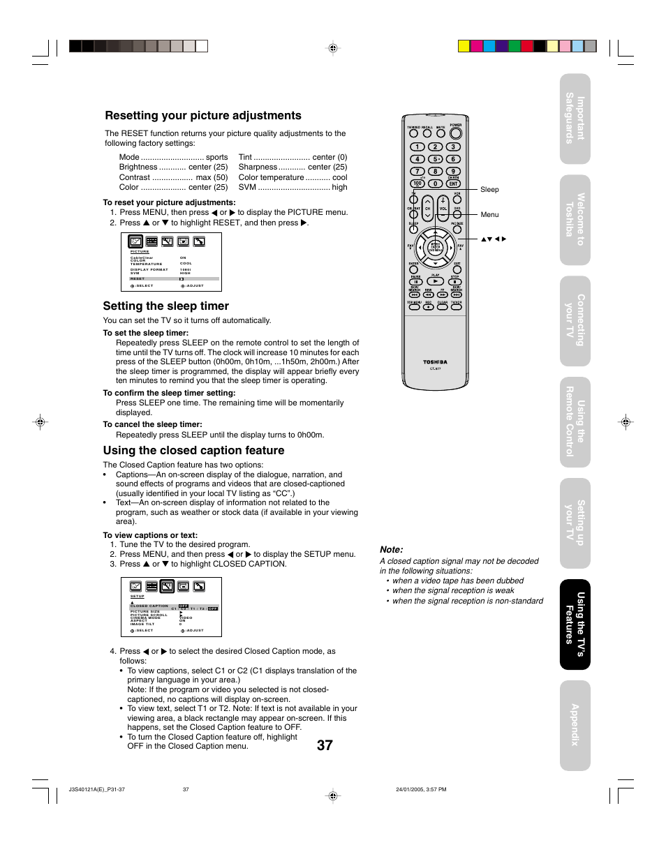 Setting the sleep timer, Using the closed caption feature, Resetting your picture adjustments | Toshiba 30HF85 User Manual | Page 37 / 44