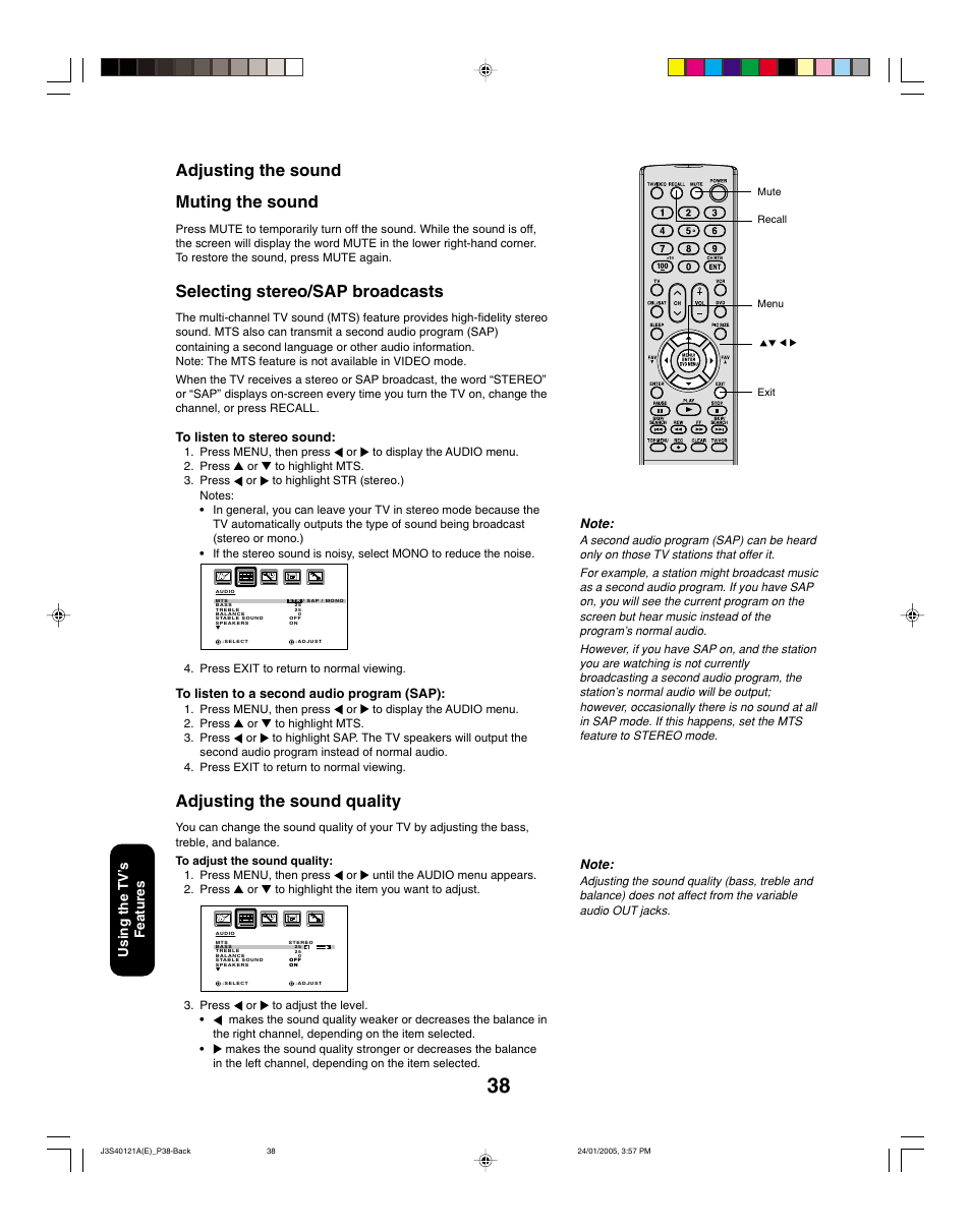 Adjusting the sound quality, Adjusting the sound muting the sound, Selecting stereo/sap broadcasts | Using the tv ’s features | Toshiba 30HF85 User Manual | Page 38 / 44