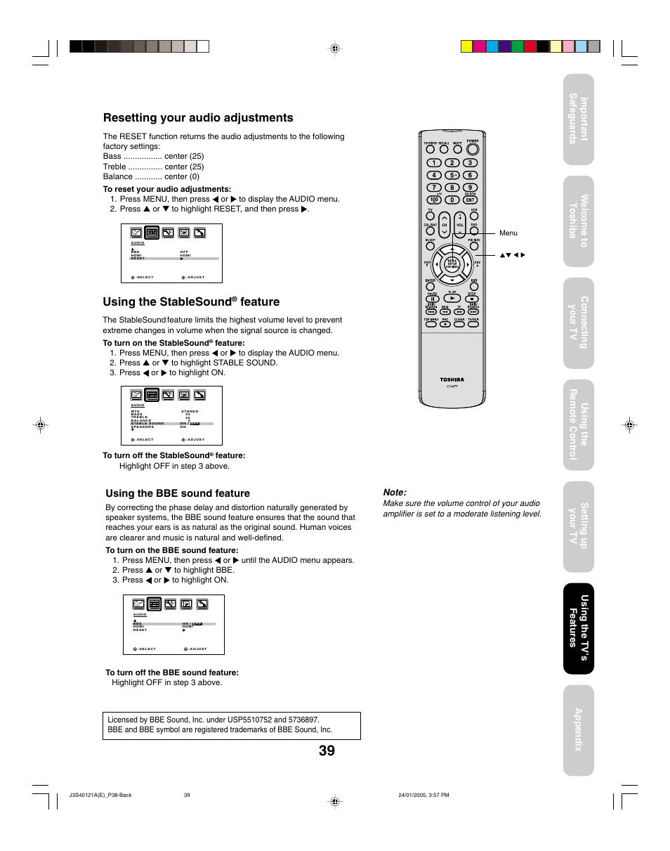 Using the stablesound, Feature, Resetting your audio adjustments | Using the bbe sound feature, Using the tv ’s features | Toshiba 30HF85 User Manual | Page 39 / 44