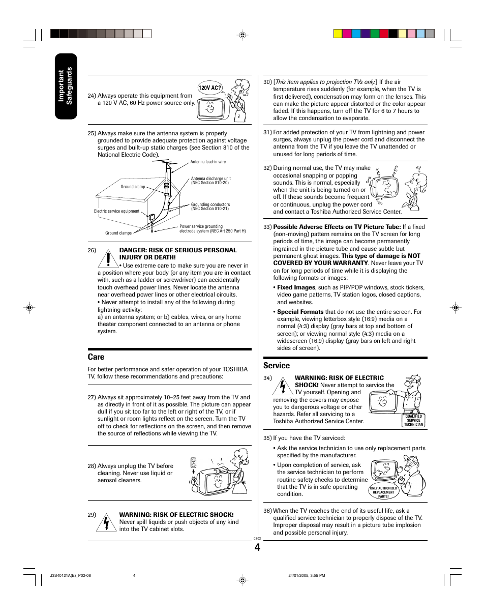 Care, Service | Toshiba 30HF85 User Manual | Page 4 / 44