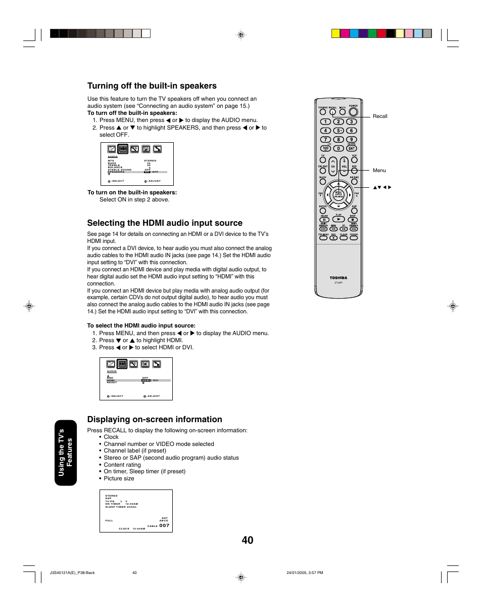 Displaying on-screen information, Selecting the hdmi audio input source, Turning off the built-in speakers | Using the tv ’s features | Toshiba 30HF85 User Manual | Page 40 / 44