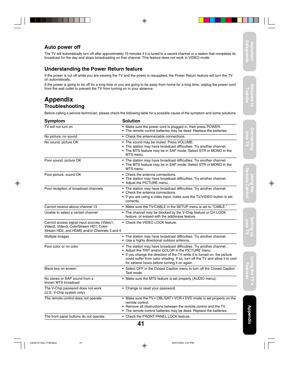 Appendix, Troubleshooting, Auto power off | Understanding the power return feature | Toshiba 30HF85 User Manual | Page 41 / 44