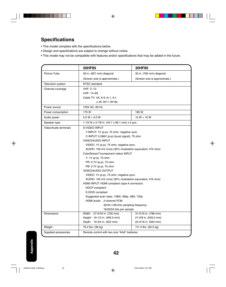 Specifications | Toshiba 30HF85 User Manual | Page 42 / 44