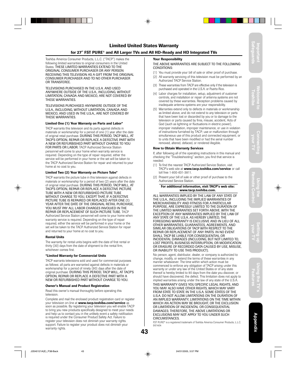 Limited united states warranty | Toshiba 30HF85 User Manual | Page 43 / 44