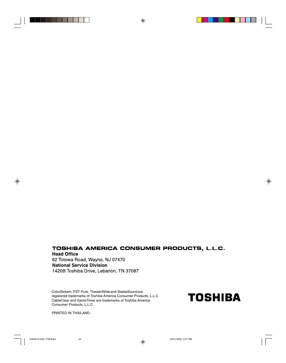 National service division | Toshiba 30HF85 User Manual | Page 44 / 44