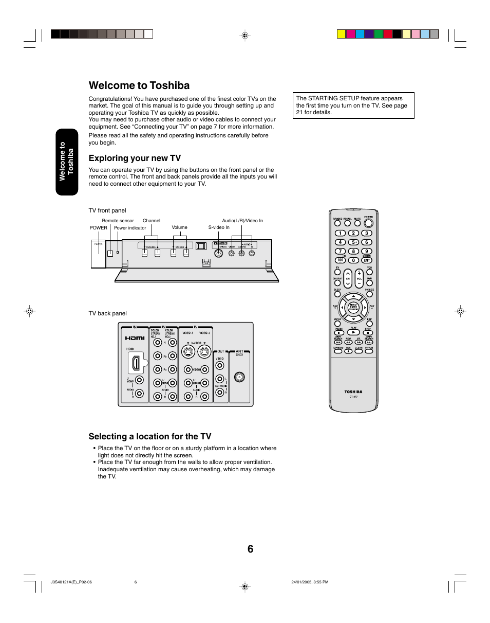 Welcome to toshiba, Selecting a location for the tv, Exploring your new tv | Toshiba 30HF85 User Manual | Page 6 / 44