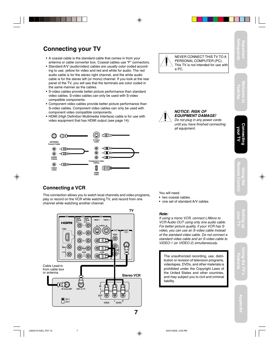 Connecting your tv, Connecting a vcr | Toshiba 30HF85 User Manual | Page 7 / 44