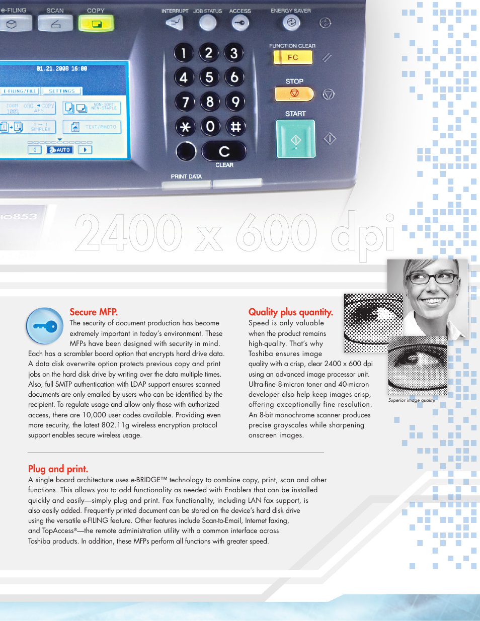 Secure mfp, Quality plus quantity, Plug and print | Toshiba E.STUDIO eSTUDIO 853 User Manual | Page 5 / 8