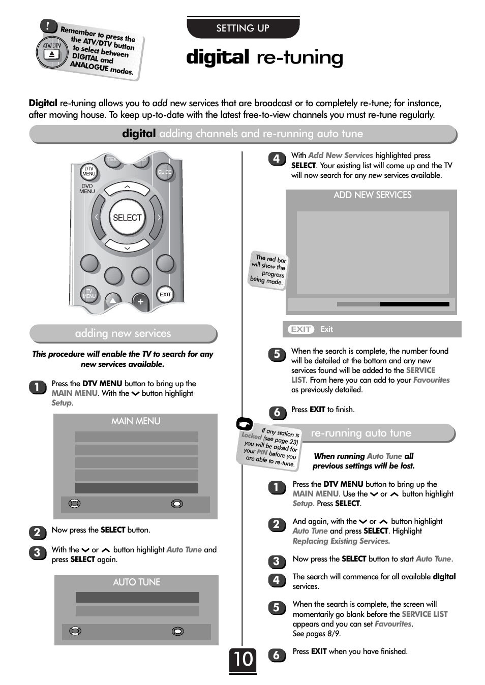 Digital re-tuning, 3digital adding channels and re-running auto tune | Toshiba 32ZT29B User Manual | Page 10 / 44