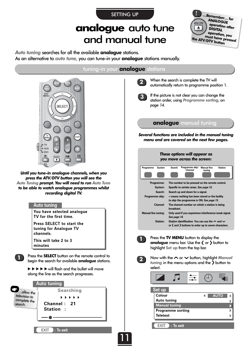 Auto tune and manual tune, Analogue, 23 1 2 tuning-in your analogue stations | Analogue manual tuning | Toshiba 32ZT29B User Manual | Page 11 / 44