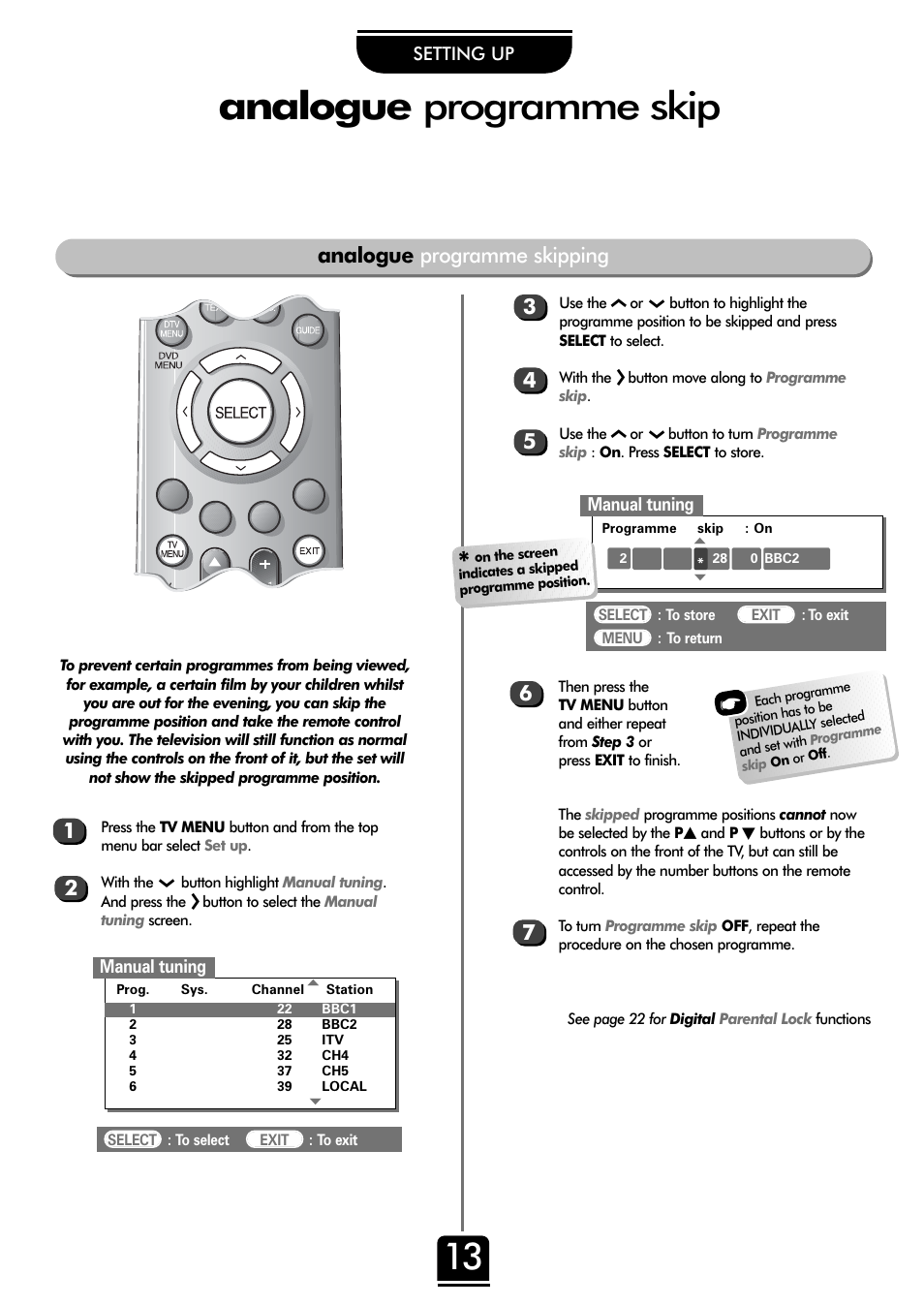 Analogue programme skip, Analogue programme skipping | Toshiba 32ZT29B User Manual | Page 13 / 44