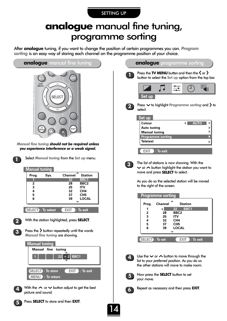 Analogue manual fine tuning, programme sorting, Analogue manual fine tuning, Analogue programme sorting | Toshiba 32ZT29B User Manual | Page 14 / 44