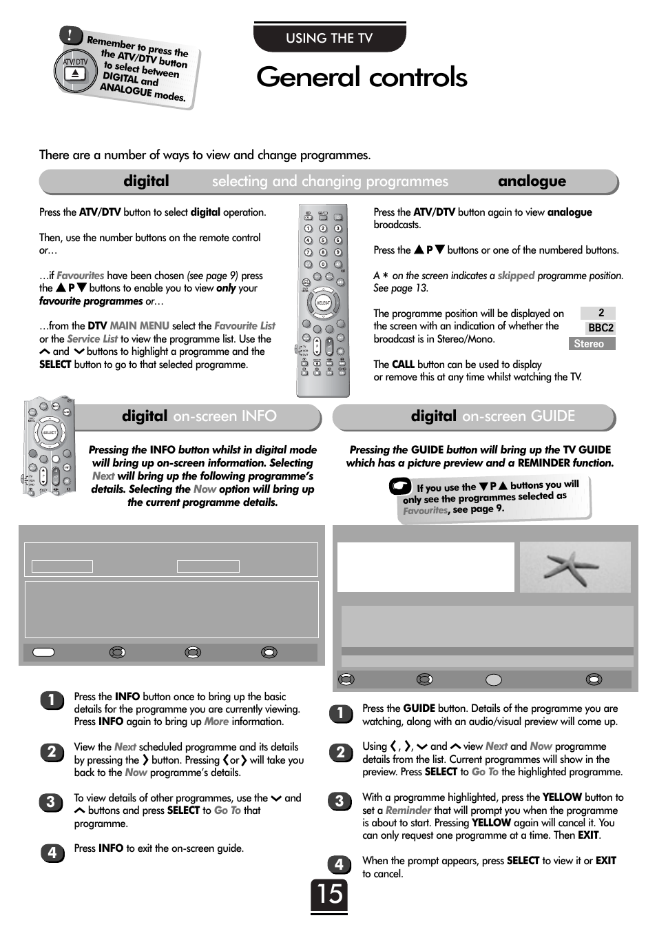 General controls, Digital selecting and changing programmes analogue, Digital on-screen info digital on-screen guide | Toshiba 32ZT29B User Manual | Page 15 / 44