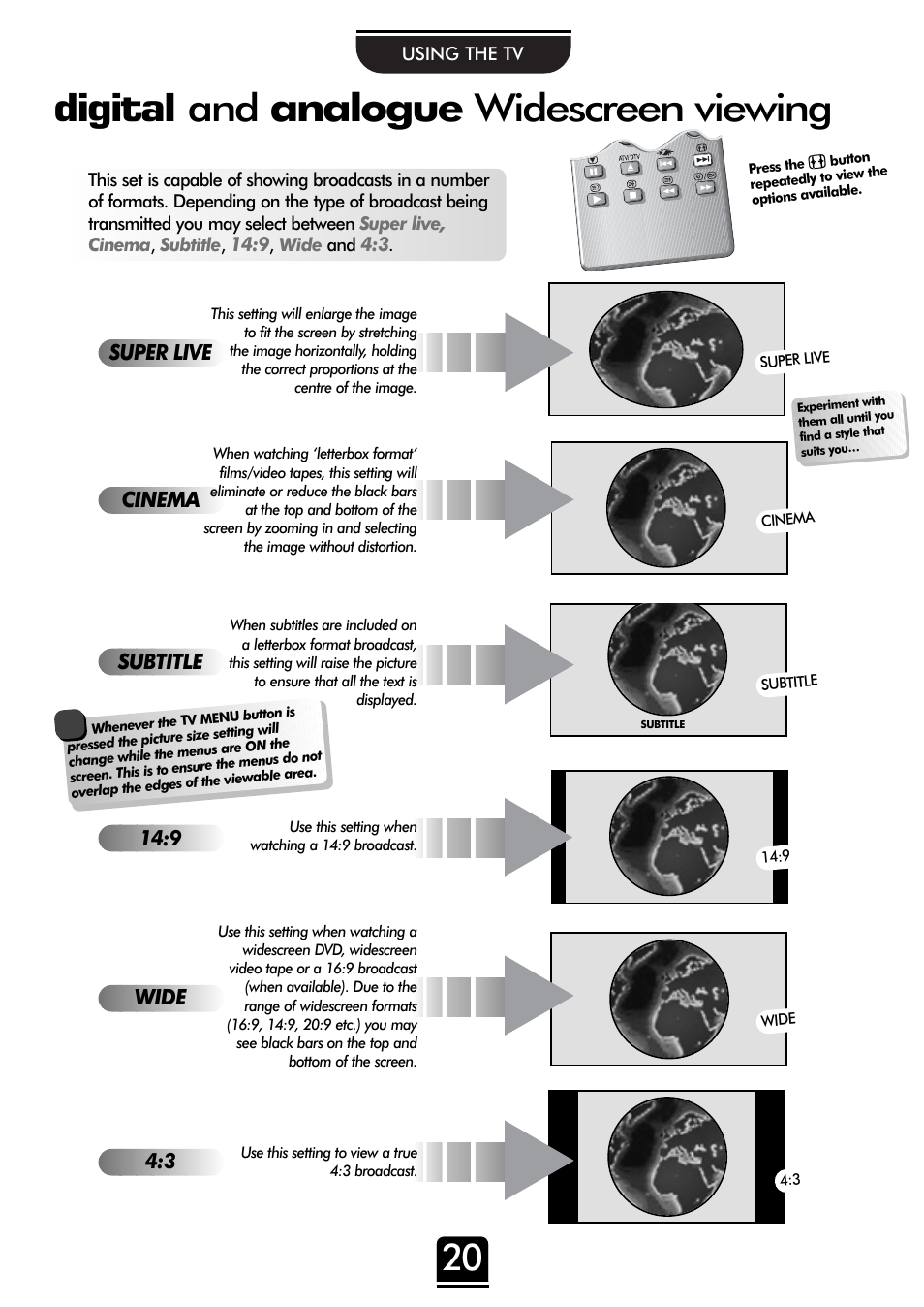 Digital and analogue widescreen viewing, Super live, Cinema | Wide subtitle | Toshiba 32ZT29B User Manual | Page 20 / 44