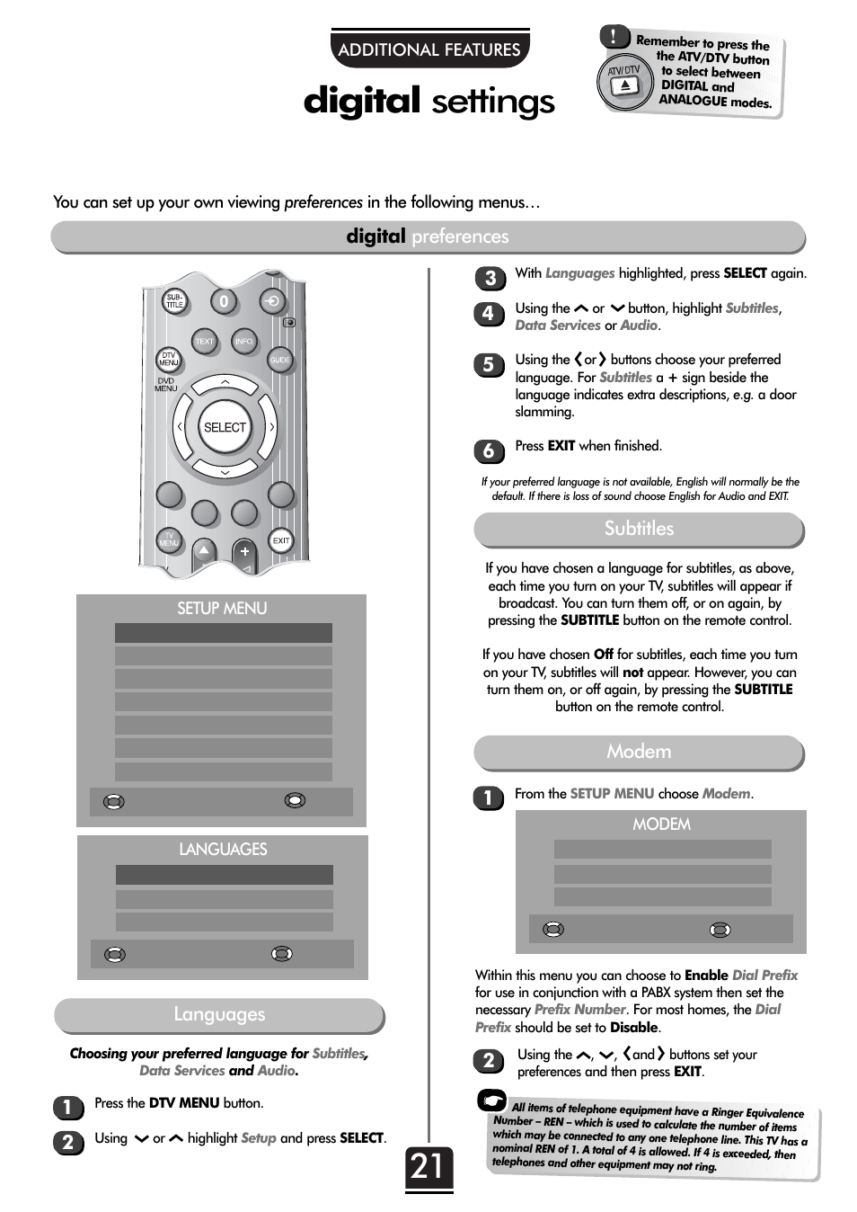 Digital settings, Digital preferences, Modem subtitles | Languages | Toshiba 32ZT29B User Manual | Page 21 / 44