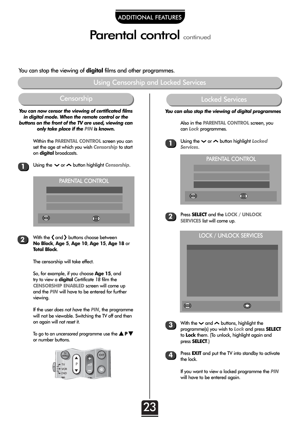 Parental control, Using censorship and locked services, Locked services censorship | Toshiba 32ZT29B User Manual | Page 23 / 44