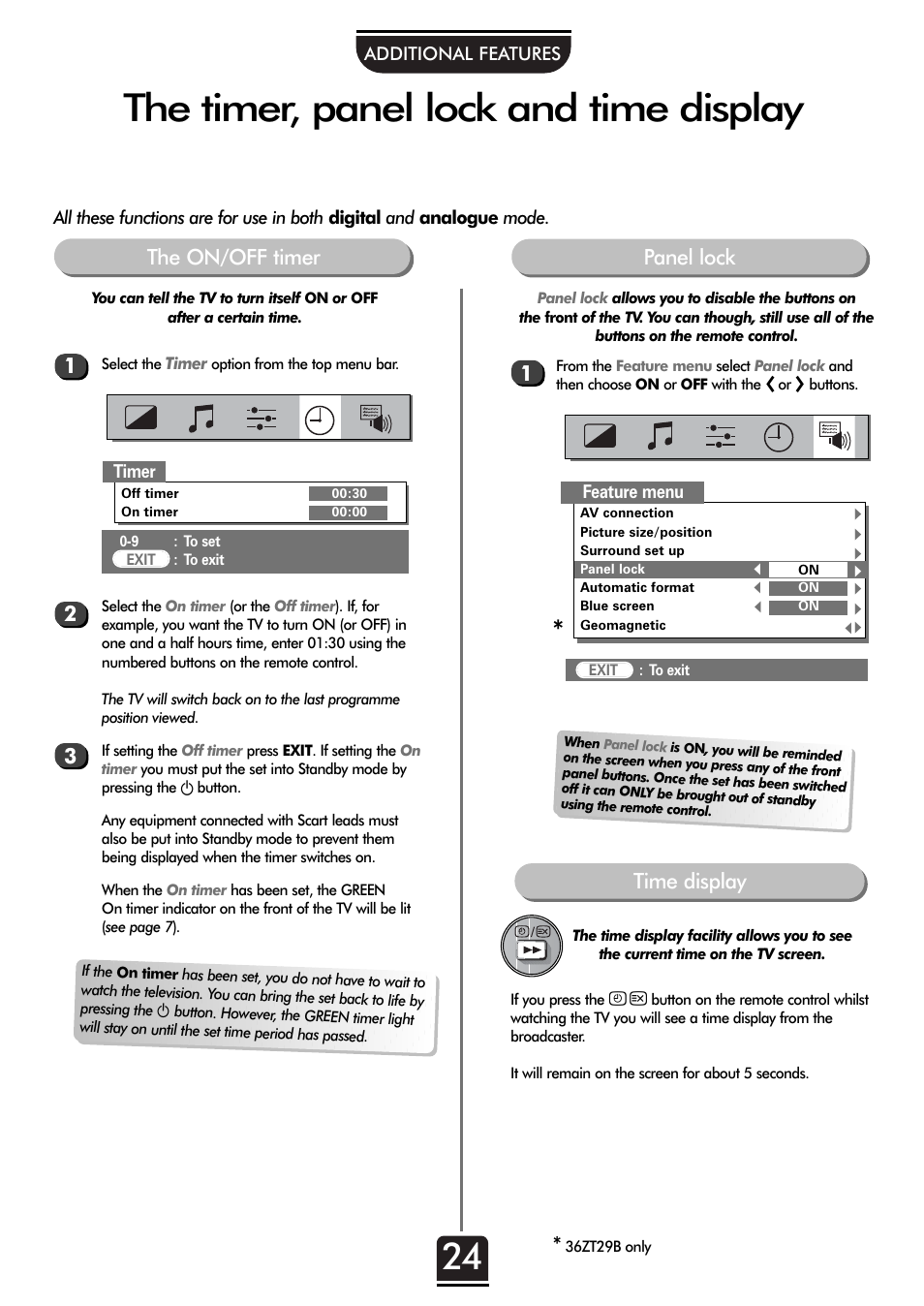 The timer, panel lock and time display, The on/off timer panel lock, Time display | Toshiba 32ZT29B User Manual | Page 24 / 44