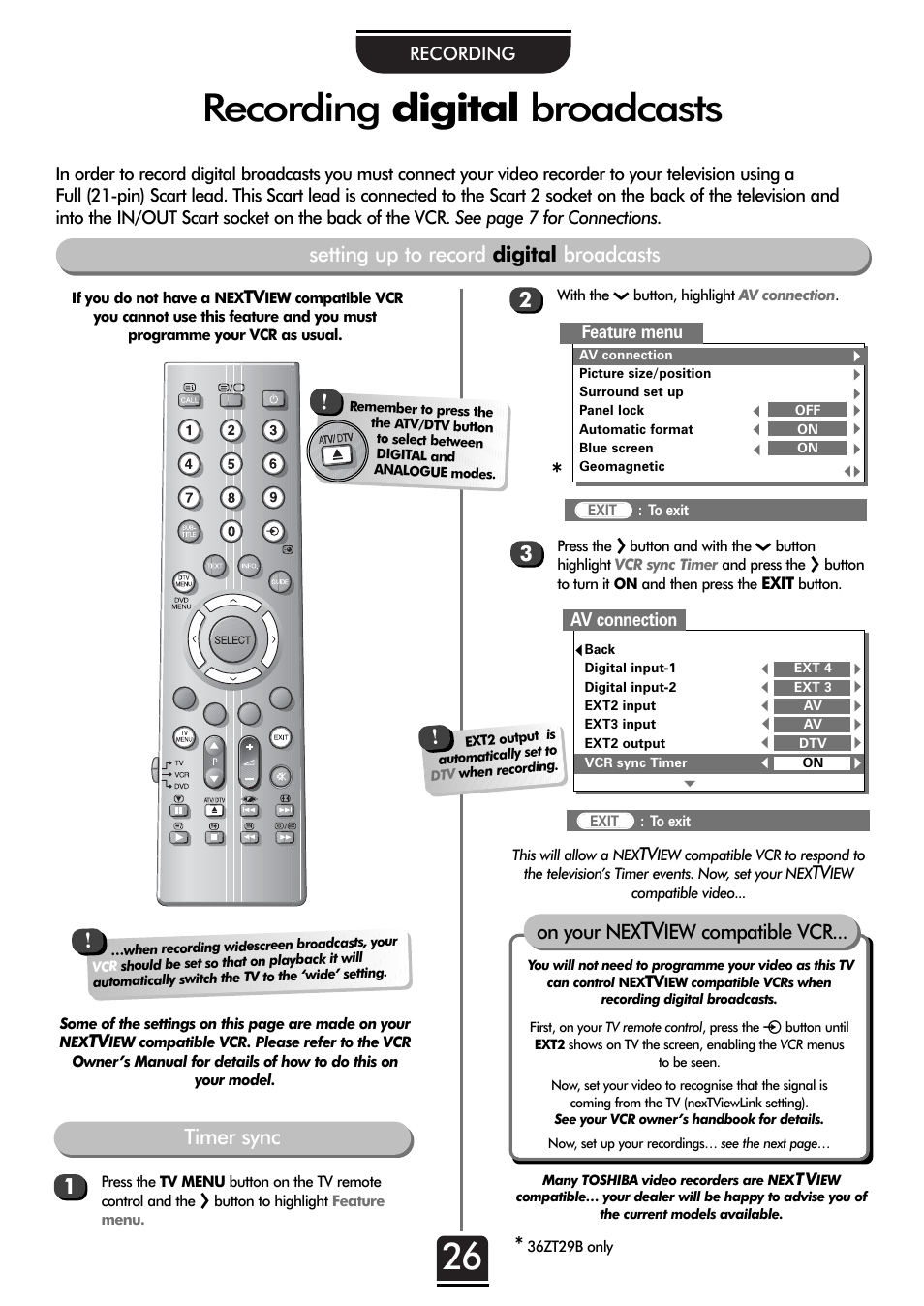 Recording digital broadcasts, Setting up to record digital broadcasts 2, Timer sync | On your nex, Iew compatible vcr, Feature menu, Av connection | Toshiba 32ZT29B User Manual | Page 26 / 44